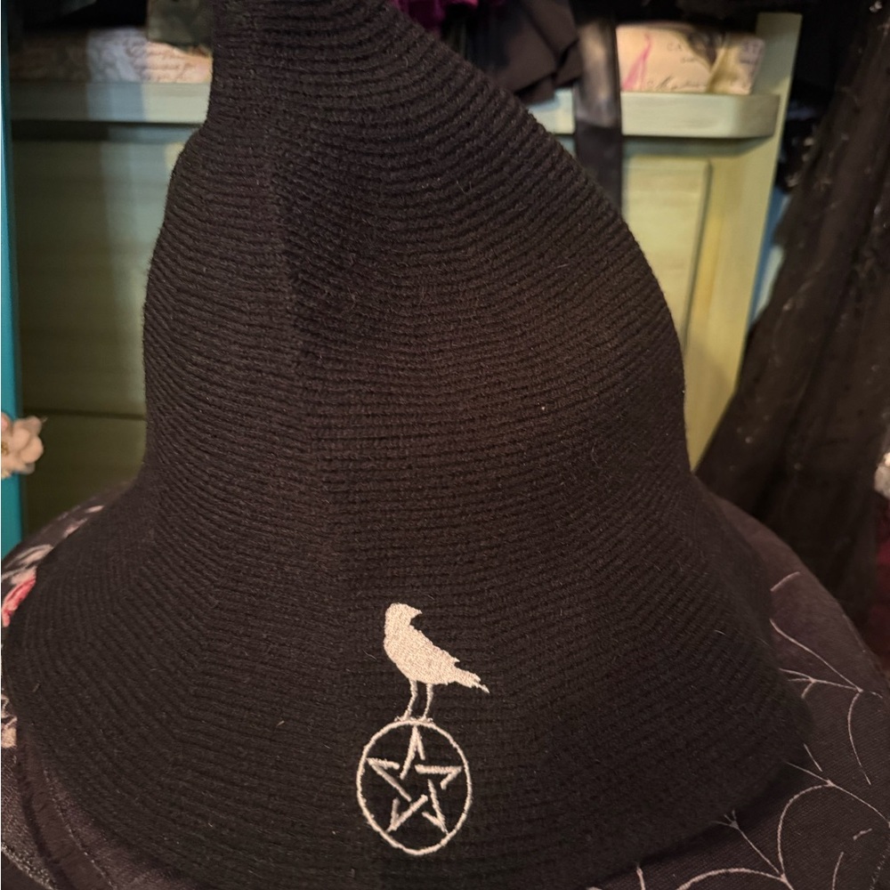 Black Witch Hat with Embroidered Bird and Pentacle